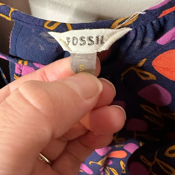 Fossil Dress Small Navy Ruffle Sleeve Orange Purple Plums Flowers Minidres Rayon - Picture 5 of 9
